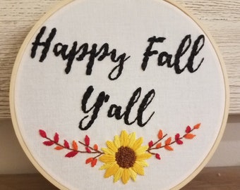 Happy Fall Y'all | Handmade Embroidery Hoop | Autumn Decoration | Spooky Wall Hanging | Sunflowers