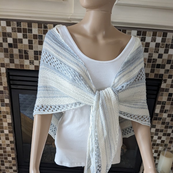 Silk merino hand knit ice blue/white vintage lace shawl/scarf, bride shawl, wedding shawl/wrap, bridesmaid shawl,  bride/groom mother shawl.