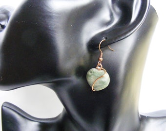 Heart shaped green agate gemstone beads wire wrapped dangle earrings, Copper Wire wrapped jewelry, Handmade cheap and chic store jewelry