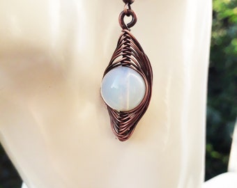 Dangling earrings, opalite wire wrapped earrings, copper jewelry, elegant cheap earrings, wire wrapped jewelry