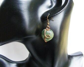 Heart shaped green agate gemstone beads wire wrapped dangle earrings, Copper Wire wrapped jewelry, Handmade cheap and chic store jewelry