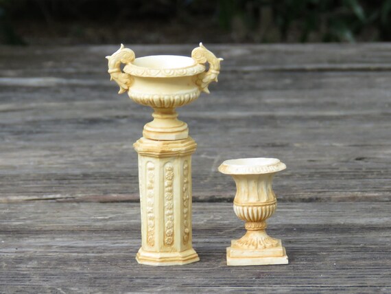 Miniature Dollhouse FAIRY GARDEN Accessories ~ 2 Ivory Ancient Urns w// Pedestals