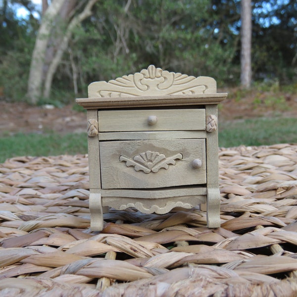 Dollhouse Miniature Night Stand - Unfinished - Carved -1/12 Scale