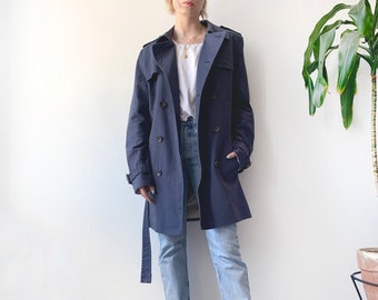 Vintage 90's Unisex Classic Spring Oversized Navy Washed Blue Smart Casual Midi Trench Mac Coat Size M