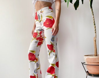 Vintage 70's 00's Y2K Woman Summer Floral Graphic High Waisted Flared Pants Hippie Flowers White Flares Trousers Size XS/S