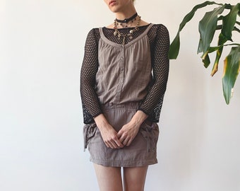 Vintage 00's Y2K 2000's Spring Summer Washed Brown Cottagecore Goblincore Earthcore Fairy Grunge Emo Waistband Mini Cargo Dress Size S