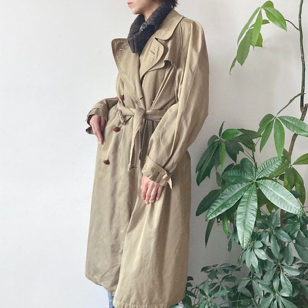 vintage années 90 00 Unisex Beige Classique Double-Breasted Ceinturé Long Bouton jusqu’à Trench Coat Veste Taille M/L