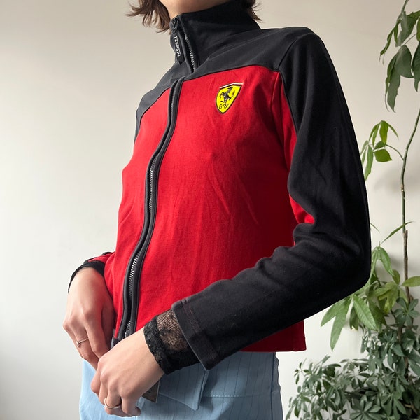 Vintage 00's Y2K 2000's Red Ferrari Front Logo Zip Up Sweatshirt Jumper | Blokette Style | Size XS