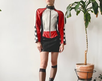 Vintage Michael Hoban North Beach 90s 00s y2k 2000s Mini Skirt And Checkered Motor Sport Padded Genuine Leather Speedway Zip Racing Jacket