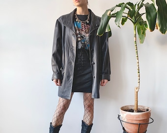 Vintage 80's 90's Oversized Classic Dark Grey Single Breasted Grunge Real Genuine Detachable Warmed Leather Midi Longline Trench Coat Size M