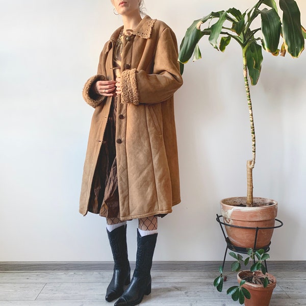 90s / Y2K Brown 100% Suede Sherpa Longline Jacket main image 0