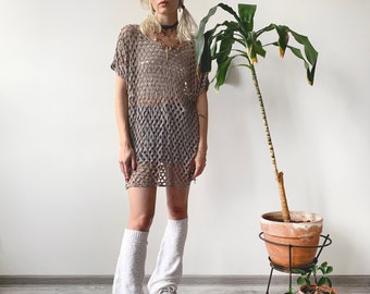 Vintage Y2K 00s 2000s Beige Neutral Earth Tone Oversized Loose Fit Chunky Fishnet Longline T-shirt Fairy Grunge Transparent Blouse One Size