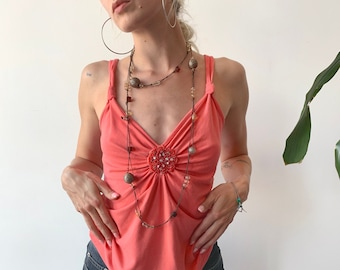 Vintage 00's Y2K Boho 2000's Pastel Orange Pink Fairy Boho Babydoll V-neck Beach Cami Top Size M