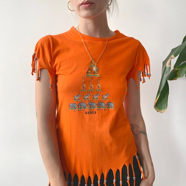 Vintage 80's 90's Summer Orange Festival Hippie Graphic Tee Fringes Top T-shirt Size XS/S