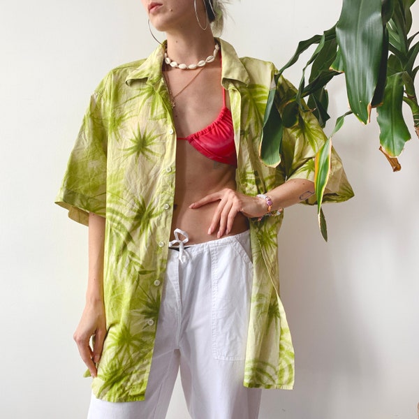 Vintage C & A 80's 90's Oversized Unisex Green Hawaiian Tropical Floral Print Button Up Summer Festival Funky Graphic Blouse Shirt Maat XL