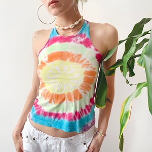 Vintage 70's Summer Pastel Colourful Bleach Tie Dye Swirl Hippie Coconut Gril Beachwear Festival Surfer Graphic Tank Top Baby Tee Size XS
