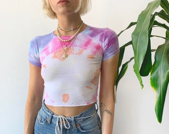Vintage 00's Y2K  Bleach Tie Dye Cute Pastel Top Tshirt Graphic Baby Tee Skater Hippie Festival Egirl Soft Girl T-shirt Size XXS