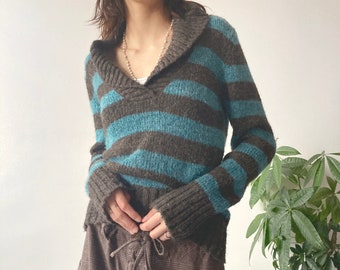 Vintage Y2K 00's 2000's Street One Autumn Winter Emo Grunge Deep V-neck Striped Knit Sweater Jumper Size S/M