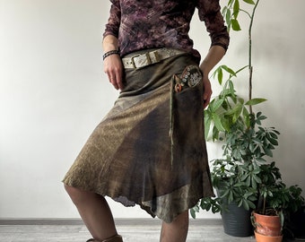 Vintage 90's 00's Y2K Khaki Green Wool Asymmetrical Flared Midi Skirt | Cyber Boho Fairy Grunge Style | Size S