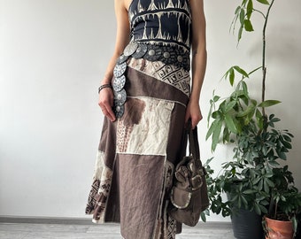 Vintage 00's 2000's Unique Brown Patchwork Linen Cotton Classic Midi Skirt | Boho Fairy Grunge Style | Size M