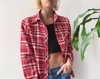 Preloved 80's 90's Style Red White Unisex Grandad Cotton Flannel Check Boyfriend Shirt Button Up Skater Grunge Egirl Eboy Size S