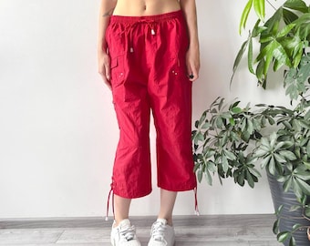 Vintage Y2K 00's 2000's Unisex Red Summer Sports Cargo Jorts Capri Pants | Skater Girl Blockette Style | Size L