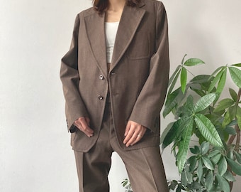 Vintage 80's 90's Unisex Autumn Brown Classic Basic Single Breasted Oversize Blazer and Tailored Pants Suit Set L