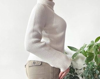 Vintage Y2K 00's 2000's Spring White Ribbed Turtleneck Knit Jumper Sweater Size M