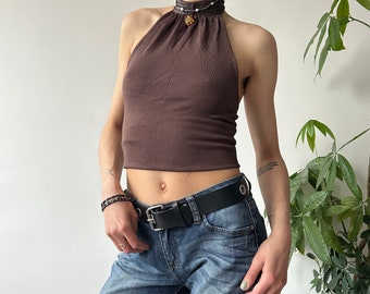 vintage Y2K 00's 2000's Next Cute Brown Ajusté Halter Top Taille M