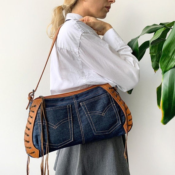 Vintage 00's Y2K Denim Tote Handbag Preppy Shoulde