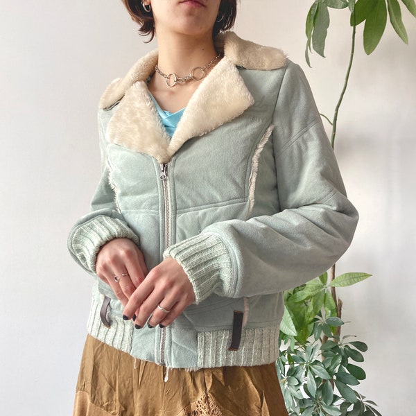 Vintage Y2K 00's 2000's Light Blue Faux Fur Faux Sheepskin Classic Zip Up Borg Trim Short Coat Jacket | Boho Streetwear | Size L