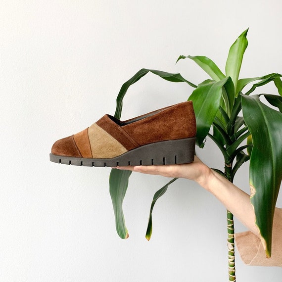Vintage Smart Casual Patchwork Suede Wedges Brown