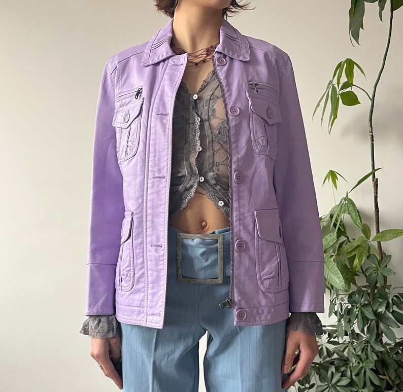 Vintage 90's Oversized Pastel Purple Faux Leather Button Up Jacket Blazer Coat Glam Streetwear Style Size XL image 2