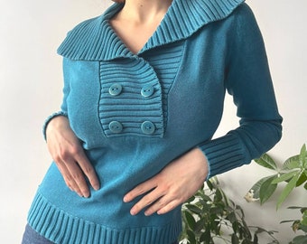 Vintage Y2K 00's 2000's Esprit Blue Double Breasted Office Chic Pullover Knit Jumper Sweater Size S/M
