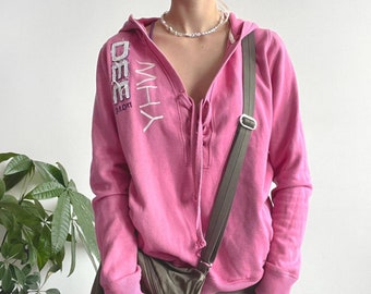 vintage Y2K 00's 2000's Unisex Rose Surdimensionné Baggy Lace Up Front Hoodie Jumper | Cyber Blokette Style Taille L