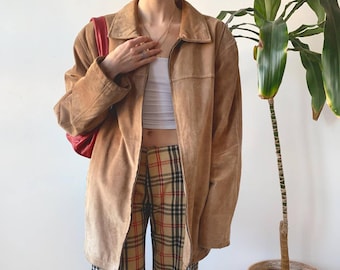 Vintage 90er Jahre Unisex Oversized Light Camel Brown Neutral Spring Zip echte übergroße Wildlederjacke Größe XL