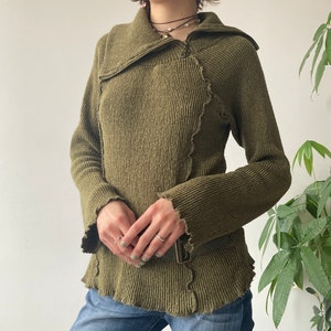 Vintage 00's 2000's Khaki Chunky Ruffled Buckled Turtleneck Asymmetrical Zip Knit Sweater Archive Cyber Fairy Style Size L image 2