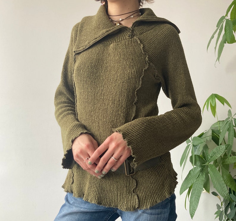 Vintage 00's 2000's Khaki Chunky Ruffled Buckled Turtleneck Asymmetrical Zip Knit Sweater Archive Cyber Fairy Style Size L image 2