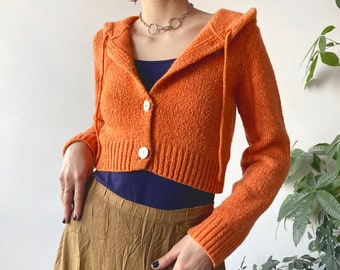 vintage Y2K 00's 2000's Orange Cropped Hooded Ribbed Knit Short Cardigan Jumper | Taille S