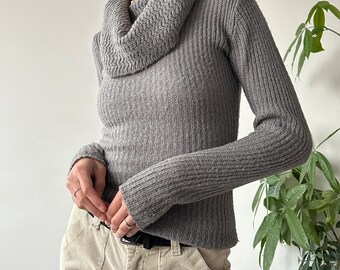 Vintage 00's 2000's Casual Gray Chunky Ribbed Cowl Neck Knit Sweater | ArchiveStyle | Size M