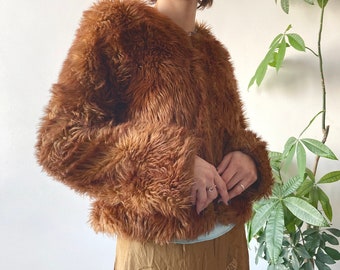 Vintage 00's Y2K 2000's Women's Orange Brown Fluffy Furry Faux Fur Button Up Jacket | Glam Style | Size S/M