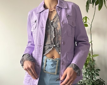 Vintage 90's Oversized Pastel Purple Faux Leather Button Up Jacket Blazer Coat | Glam Streetwear Style | Size XL