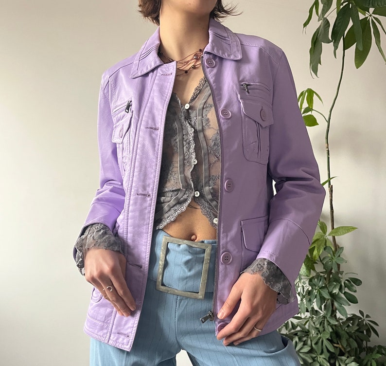 Vintage 90's Oversized Pastel Purple Faux Leather Button Up Jacket Blazer Coat Glam Streetwear Style Size XL image 1