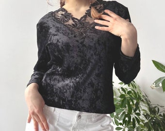 Vintage Y2K 00's 2000's Black Velour Velvet Goth Whimsigoth Dark Fairy Lace Longsleeve Top Größe M/L