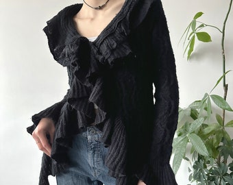 Vintage Y2K 00's 2000's Unique Black Ruffled Bell Sleeve Knit Cardigan Sweater | Archive Fairy Whimsygoth Style | Size L