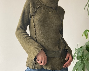 Vintage 00's 2000's Khaki Chunky Ruffled Buckled Turtleneck Asymmetrical Zip Knit Sweater | Archive Cyber Fairy Style | Size L