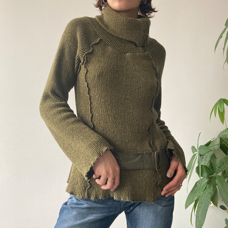 Vintage 00's 2000's Khaki Chunky Ruffled Buckled Turtleneck Asymmetrical Zip Knit Sweater Archive Cyber Fairy Style Size L image 1