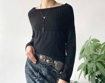 Vintage Y2K 00's 2000's Autumn Black Off Shoulder Chunky Foldable Neck Ribbed Knit Jumper Sweater Size M