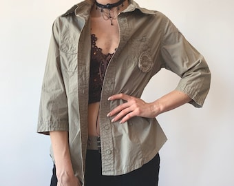 Vintage 00's Y2K 2000's Spring Summer Oversized Khaki Green Fairy Grunge Button-Up Casual Cargo Shirt Size S