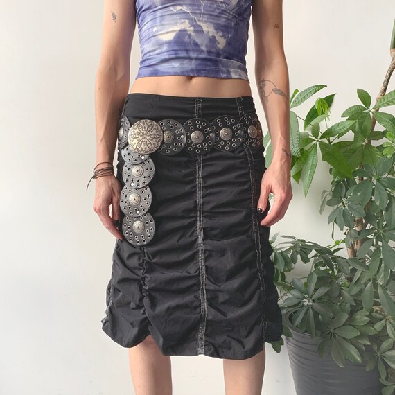 Vintage Y2K 00 s 2000 s Black Creased Ruffle Midi Skirt Cyber Subversive Japanese Style Fairy Grunge Size S Etsy Canada